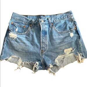 Levis 501 SHORTS Womens 30 Blue Denim Distressed High Rise Button Fly Cut Off